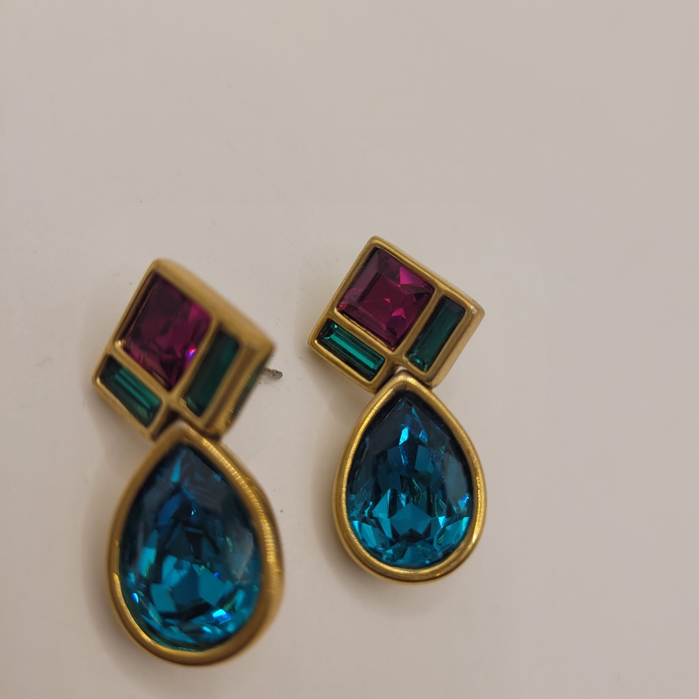 Vintage Swarovski Teal Pink Rhinestone Necklace Earrings- Swan Signed